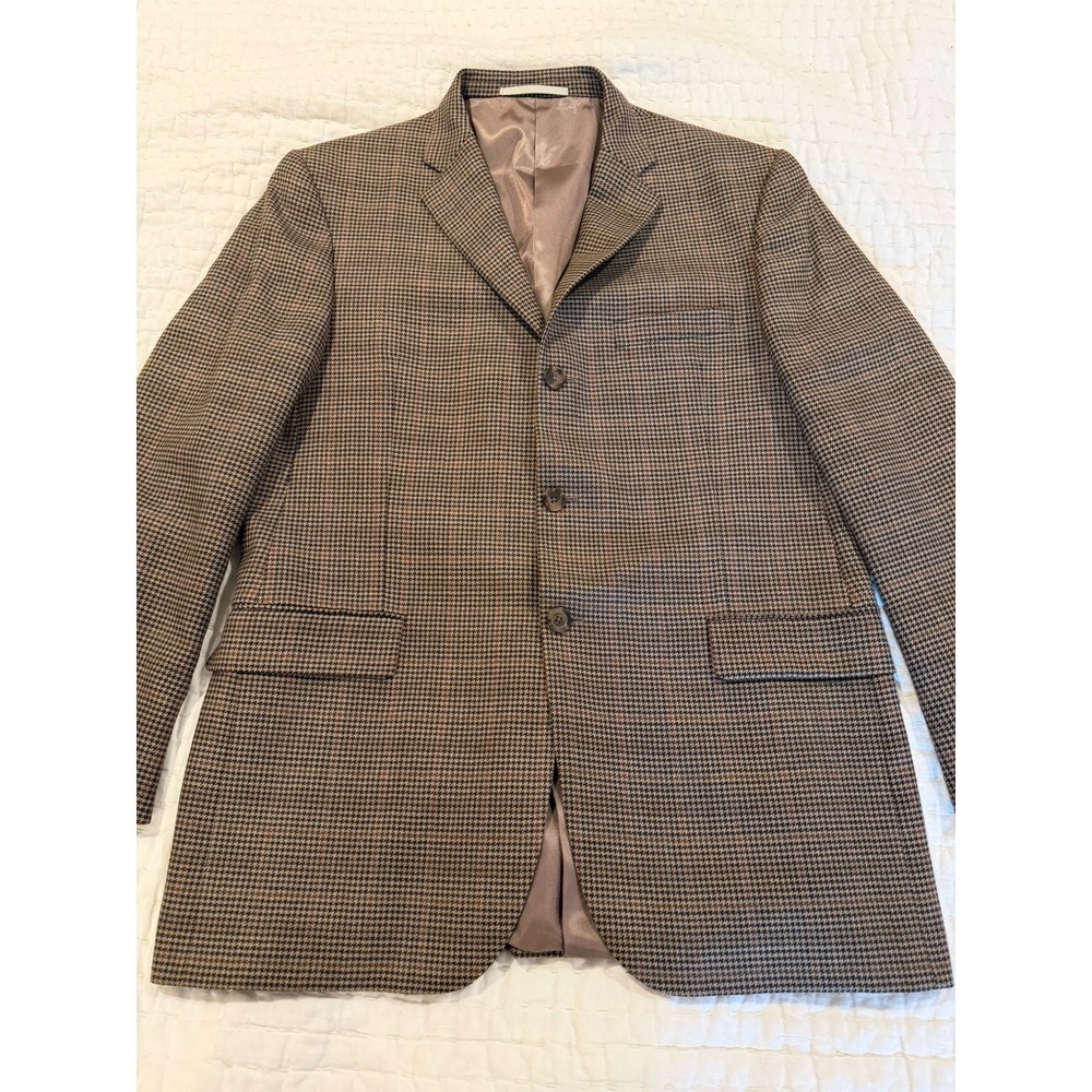 Burberry Men's Wool Hounds Tooth Blazer Size 42 Regular Black Tan And Red